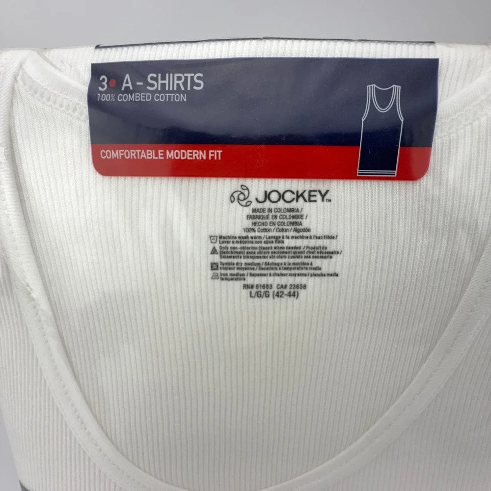Jockey‎ Classic Mens A-Shirt Undershirt 3-Pack White Ribbed Cotton Large 9813
